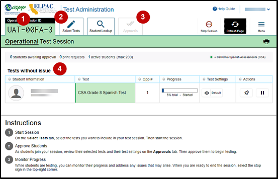 Test Administrator Interface layout with callouts indicating the Session ID, Select Tests tab, Approvals tab, and the Tests without Issue table.