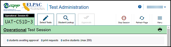 Top section of the Test Administrator Interface with the features listed in the next table.
