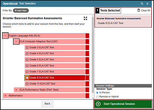 Operational Test Selection screen with the list of available tests expanded with the plus-sign icon, minus-sign icon, marked checkbox, Tests Selected section, and Start Operational Session button indicated.