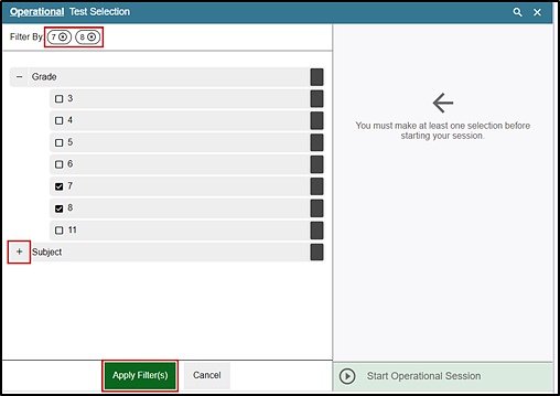 Filtering option in the Test Administrator Interface with grades seven and eight indicated as Filter By; the plus-sign icon indicated for Subject; and the Apply Filters button indicated.