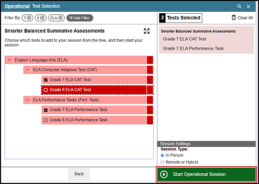Filtering option in the Test Administrator Interface with grades seven and eight filtering options selected and the Start Operational Session button indicated.