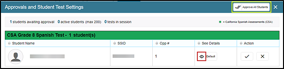 Approvals and Student Test Settings screen with Approve All Students button and View icon indicated.