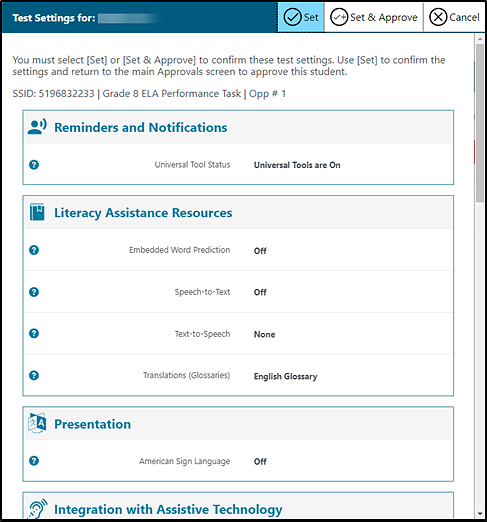 Test Settings screen for a selected student that shows sections for Reminders and Notifications, Literary Assistance Resources, and Presentation.