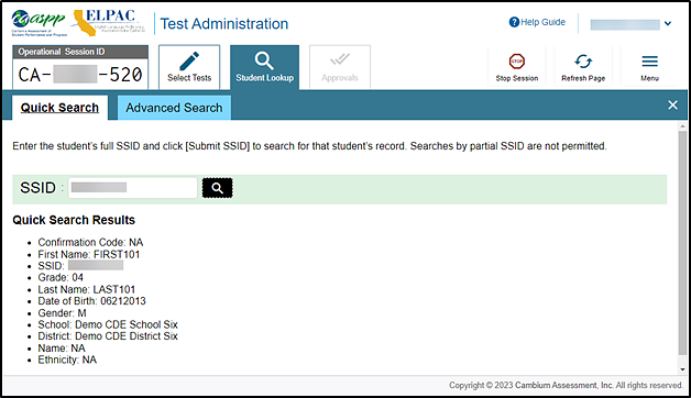 Student Lookup: Quick Search tab with sample student information.