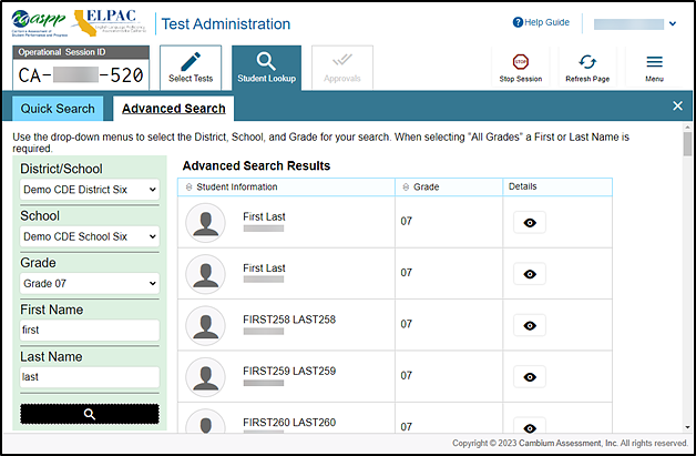 Student Lookup: Advanced Search tab with a list of sample results.
