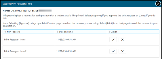 Student Print Request window with two items in the queue.