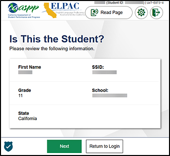 Is This the Student? screen showing student information and the Next and Return to Login buttons.