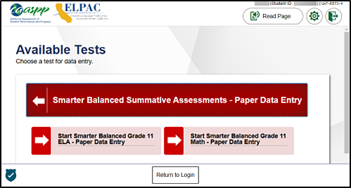 Available Tests screen with the Smarter Balanced Summative Assessments group and options for Smarter Balanced for ELA or mathematics.