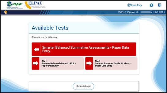 Available Tests screen with the Smarter Balanced Summative Assessments group and options for Smarter Balanced for ELA or mathematics.