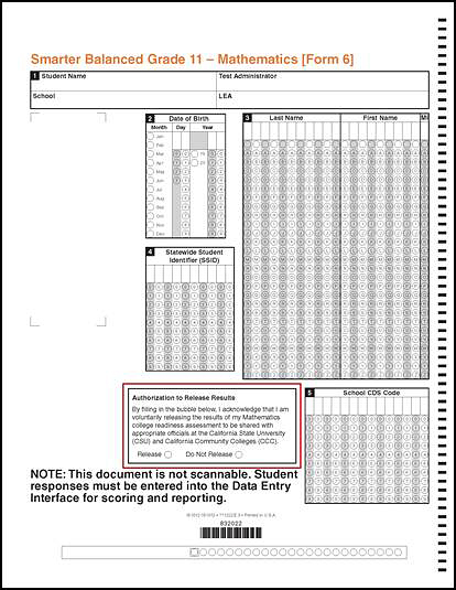 Front page of the grade eleven answer booklet with the Authorization to Release Results box indicated