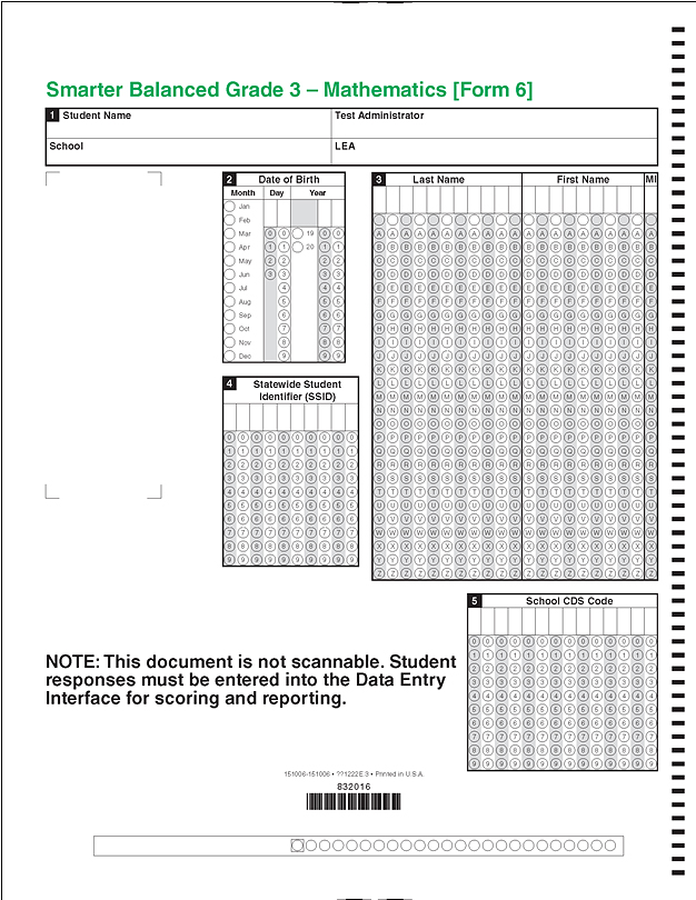Student data grid on a sample grade three answer booklet
