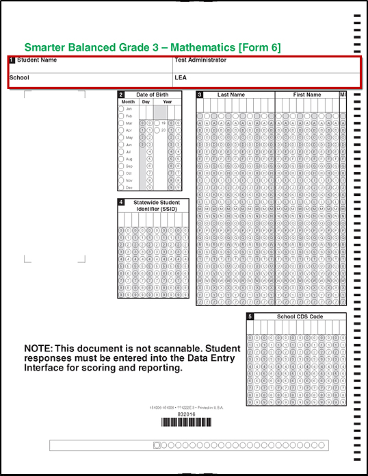 Student data grid on a sample grade three answer booklet