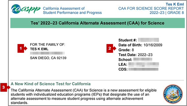 Top of the first page of the CAA for Science SSR, with callouts pointing to the student name, student information, and information about statewide assessments
