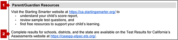 Bottom of page 2 of the CAA for Science SSR, with callouts pointing at the parent/guardian resources information and URL for the Test Results for California's Assessments website