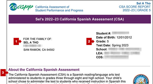 Bottom of the first page of the CSA SSR, with callouts pointing to the student's scores for the current and previous year, results overview, and the parent/guardian resources information that includes URLs for additional information