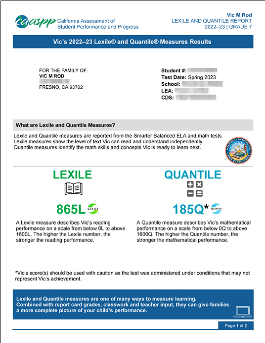 Sample Lexile and Quantile Report, grade seven, page 1