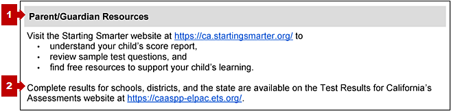 Bottom of the last page of the CAASPP Smarter Balanced SSR, with callouts pointing at the parent/guardian resources information and URL for the Test Results for California's Assessments website
