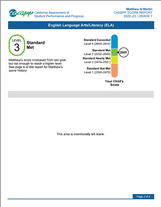 Sample CAASPP Smarter Balanced Student Score Report, grade seven, page 2