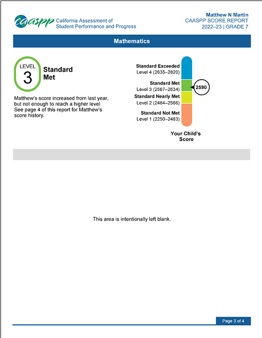 Sample CAASPP Smarter Balanced Student Score Report, grade five, page 3