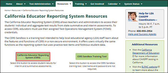 [California Educator Reporting System (CERS)] button on the CERS Resources web page