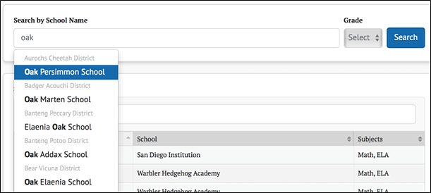 Screen shot of dropdown with Search Sample drop-down list with search