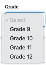 Dropdown menu for Grades