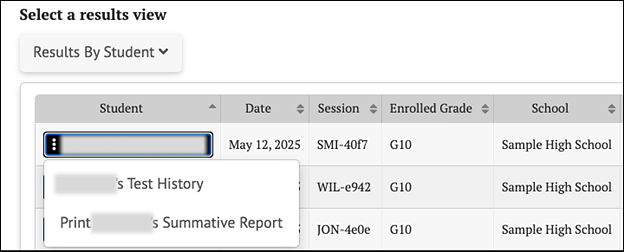 Menu pops up with additional links specific to that student