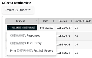 Screenshot of Student Options context menu.