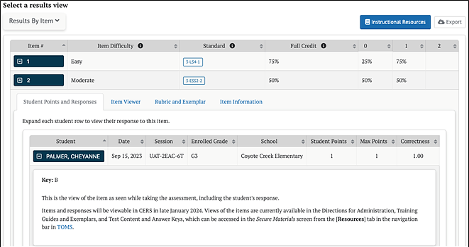 Student Scores and Responses tab