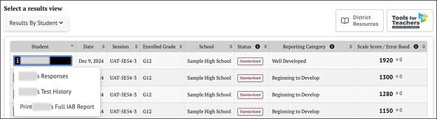 Student Options context menu.