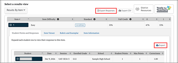 ELPAC IA Results By Item additional details [Export Responses] and [Export] buttons.