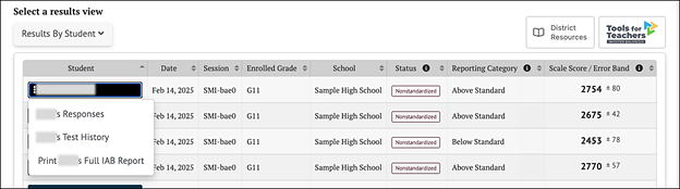 Student Options Context Menu.