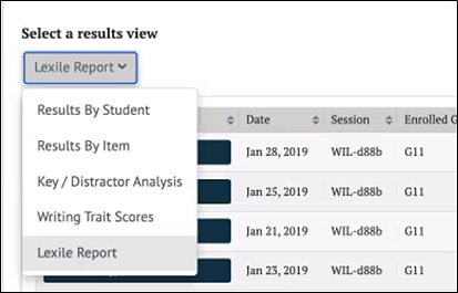 Graphical user interface Select a results view for Lexile