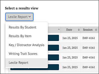 Graphical user interface Select a results view for Lexile.