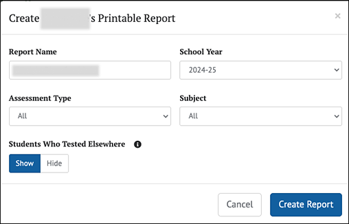 Printable Reports Pop-up Menu.