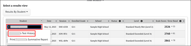 context menu where users can view individual student test history.