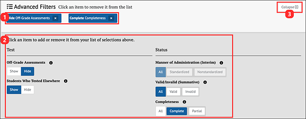 advanced filters panel for assessments.