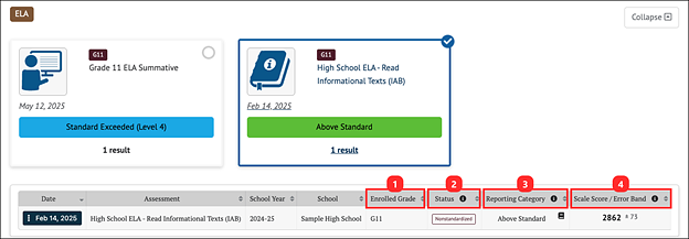 student’s results table.