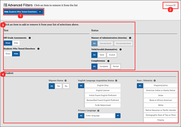 advanced filters panel for assessments and student demographics.