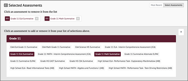 Selected Assessments Panel.