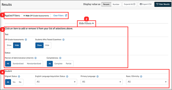 advanced filters panel for assessments and student demographics.