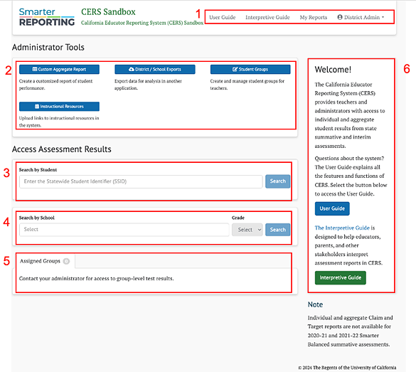 CERS Sandbox Home Page with all tools.