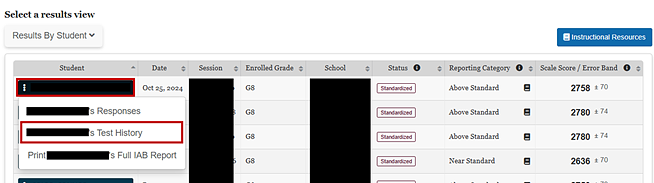 Screenshot of Context Menu to View Individual Student’s Test History.