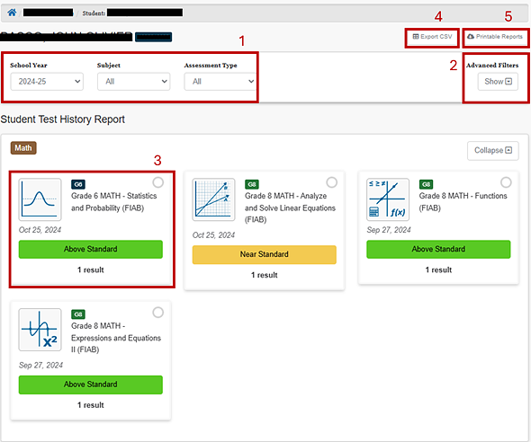 Sample Student Test History Report.