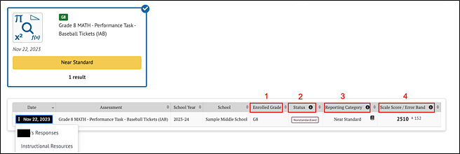 Screenshot of Student Results Table.