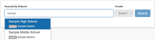 Screenshot of example of Search by School search box.