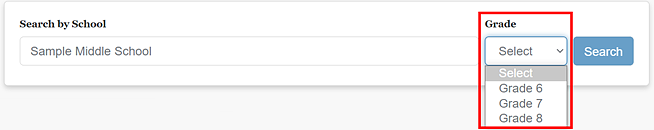 Screen shot of example of Search by School search box with Grade dropdown.