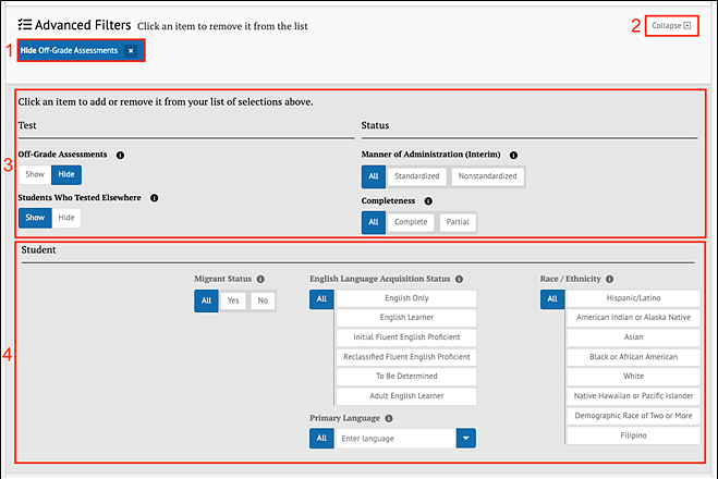 Assessment Results Advanced Filters panel