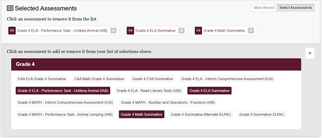 Screenshot of Selected Assessments Panel.