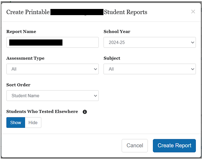 Screenshot of Printable Reports Pop-Up Menu. 